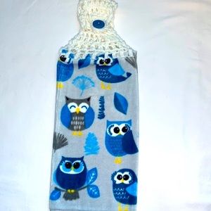 Hand Crafted Crocheted Top Hanging Blue Owls Kitchen or Bathroom Hand Towel